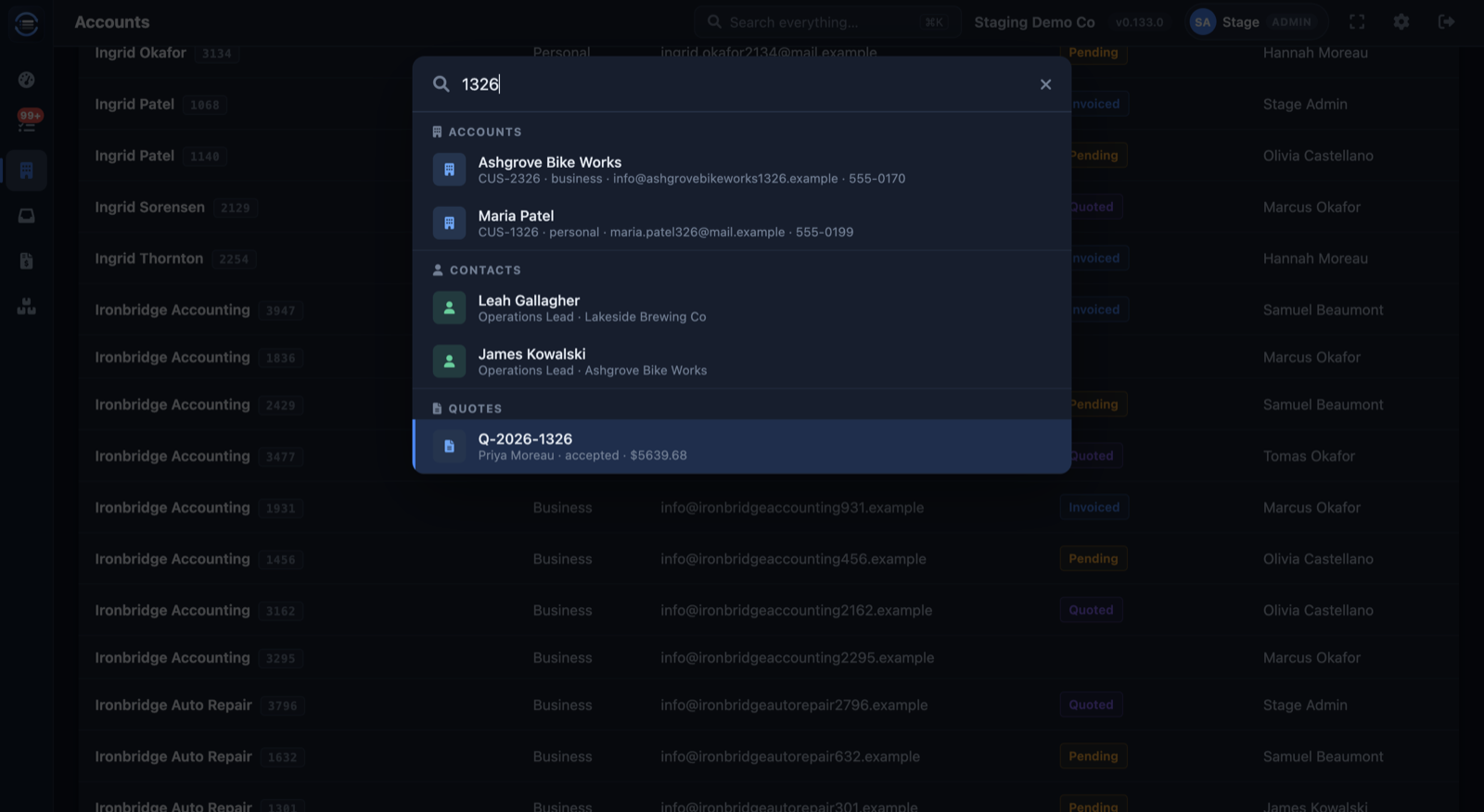 The search window: a typed number with results grouped into accounts, contacts, and quotes
