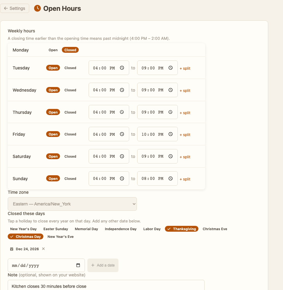 The hours editor: weekly open/closed toggles per day, time zone, and holiday closures