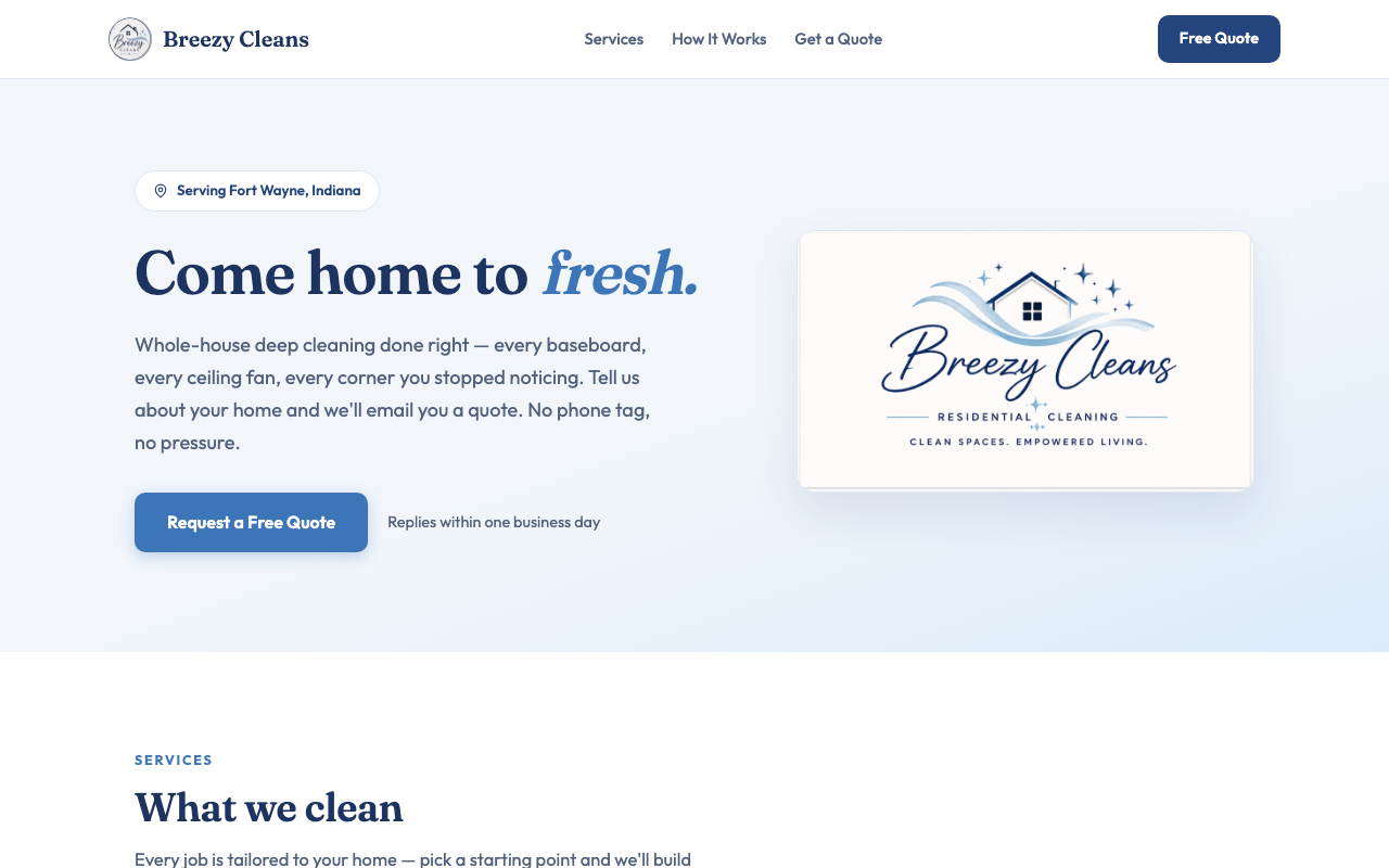 Breezy Cleans homepage — residential cleaning service