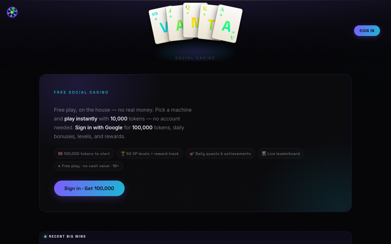 VANTA social casino — free-play browser slots